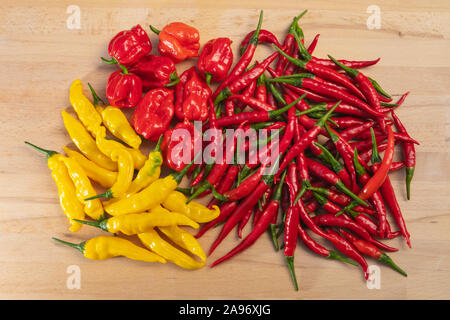 Fresh assorted chili peppers, red, orange and yellow hot peppers on a wooden table viewed from above, habanero, lemon drop, thai chilli pepper Stock Photo