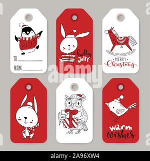 Six vector winter sale Christmas tags with cartoon characters Stock Vector