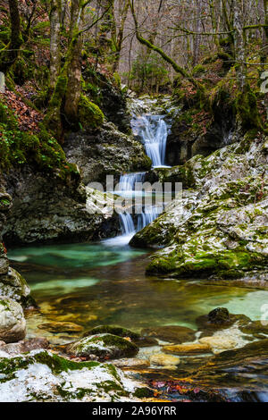 Autumn Forest River Creek View. Creek From The Mountain Waterfall In 