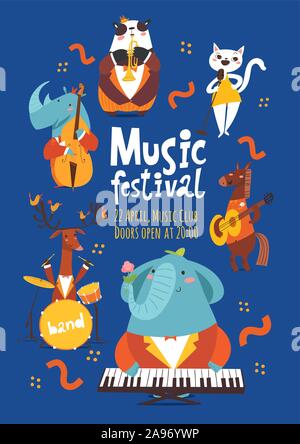 Vector music festival poster design with cartoon animals playing music instruments and singing Stock Vector