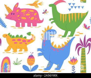 Vector seamless pattern with cute cartoon dinosaurs Stock Vector