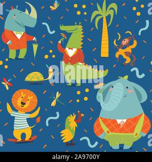 Vector seamless pattern in kids style with cartoon animals Stock Vector