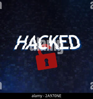Personal data vulnerability concept. Red open padlock hanging on a word hacked over dark pixelated background Stock Photo