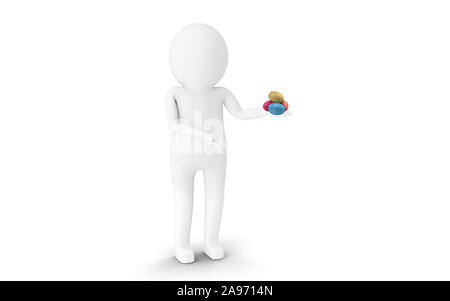 3D Man is holding Easter eggs against white background. 3D rendering. Stock Photo