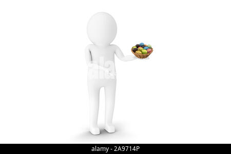 3D Man is holding Easter eggs in a basket against white background. 3D rendering. Stock Photo