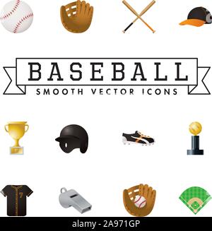 Set of 12 smooth style baseball sports equipment, clothing and awards color vector icons. Stock Vector