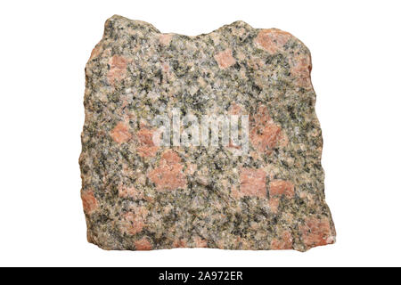 Granite Sample - with large phenocrysts of pink orthoclase feldspar and hornblende Stock Photo