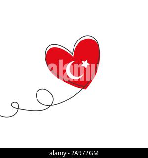 Heart shaped balloon in continuous drawing lines and glitch red heart in a flat style in continuous drawing lines and Turkish flag. Continuous black Stock Vector