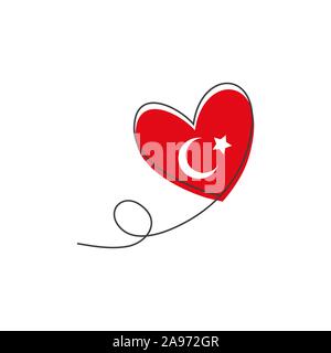 Heart shaped balloon in continuous drawing lines and glitch red heart in a flat style in continuous drawing lines and Turkish flag. Continuous black Stock Vector