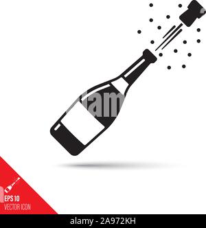 Champhane bottle popping open, cork flying away, glyph icon. Success, wealth and new years eve celebration symbol vector illustration. Stock Vector