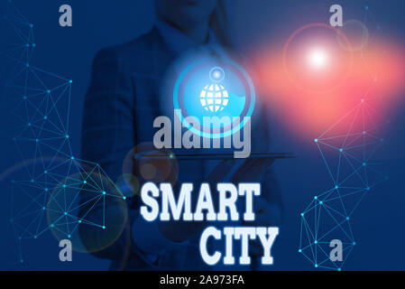 Writing note showing Smart City. Business concept for urban area that uses different electronic Internet of things