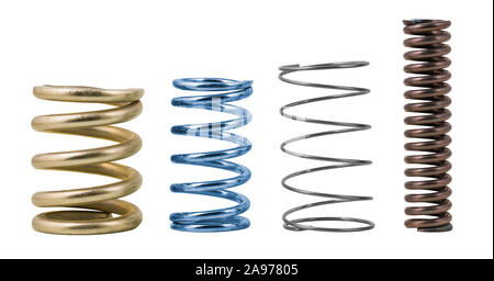 Steel compression coil springs with varied surface finish isolated on white background. Set of springy metallic machine parts with spiral wire winding. Stock Photo