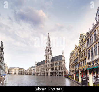 Panorama of the Market Square or Grand Place in Brussels in autumn rainy weather, Belgium Stock Photo