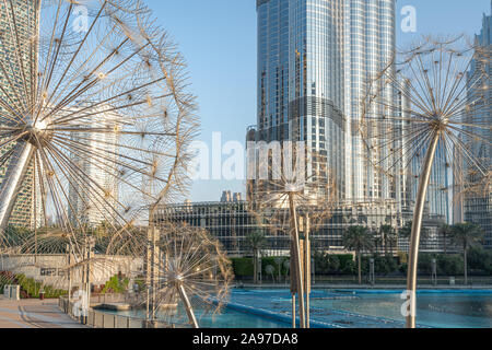 Close up of the chrome dandelion artwork in Burj Park near the Burj Khalifa in Dubai, United Arab Emirates.