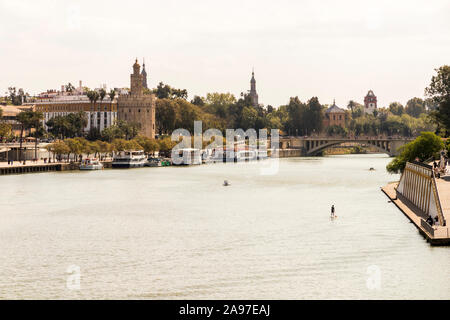 Seville, Spain. Views of the River Guadalquivir from the Puente de Triana bridge Stock Photo