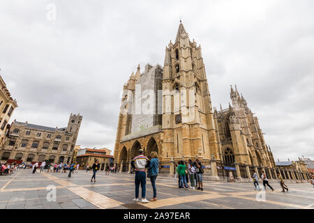 Leon, Spain. Views of the Catedral de Santa Maria (Cathedral of Saint Mary), a 13th century Roman Catholic church in Gothic style Stock Photo