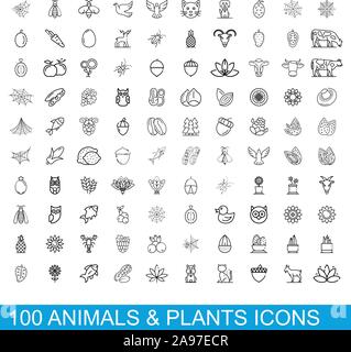 100 animals and plants icons set, outline style Stock Vector