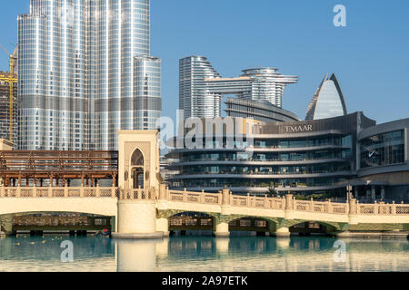 Walking bridge in front of the Dubai Mall and Burji Khalifa in Dubai, United Arab Emirates.