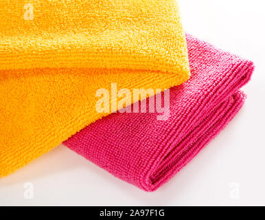 Two microfiber cleaning cloths against white background Stock Photo