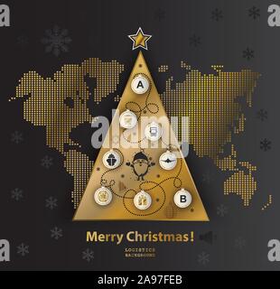 Christmas logistics card. Schematic christmas tree on schematic world map. Flat gold white icons on black background. Delivery Christmas card. Stock Vector