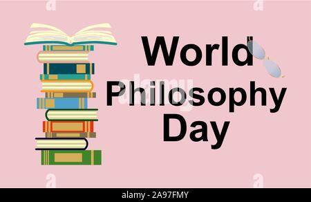 World Philosophy Day. Stack of books with open book and lettering on white background Stock Vector