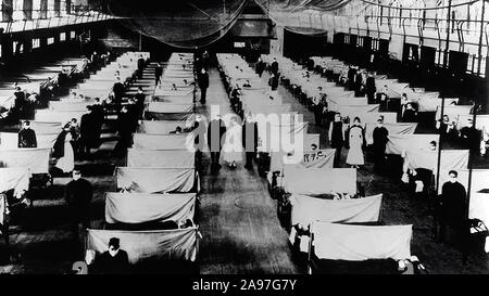 1918-1919. An epidemic of 'Spanish Flu' spread around the world. At least 20 million died, although some estimates put the final toll at 50 million. It's estimated that between 20 per cent and 40 per cent of the entire world's population became sick Stock Photo