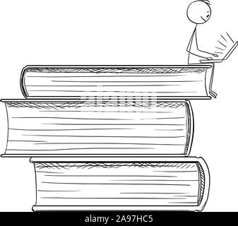 Vector cartoon stick figure drawing conceptual illustration of man sending on pile of big books and working or studying online on Internet on computer. Stock Vector