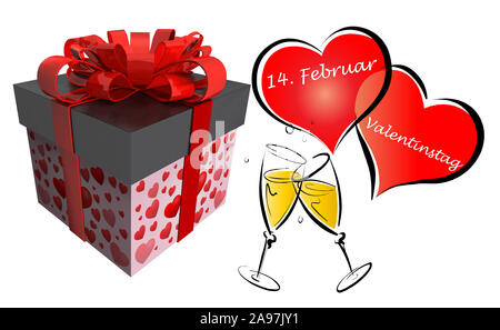 Valentinstag mit roten Herzen, Champagner und Geschenk auf weiß Hintergrund Stock Photo