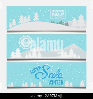 Set of winter sale banner vectors. Winter sale vector banner design with white snowflakes elements and winter sale text in snow pattern background for Stock Vector