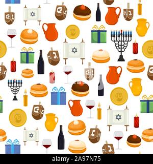Illustration on theme big colored pattern Hanukkah, seamless set clay jug. Seamless pattern consisting of collection jug liquid oil, accessory holiday Stock Vector