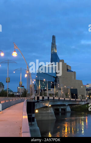 The Bridge and Museum for Human Rights at night, Winnipeg Stock Photo