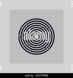 Circle maze vector labyrinth game. Round puzzle circular maze with solution. Complex labyrunth with trendy flat design, good for background, game, log Stock Vector