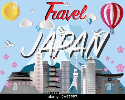 Japan country city skyline, craft vector illustration. Colorful  art, travel places theme cityscape, landscape, beautiful tourism background cards, po Stock Vector