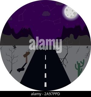 Travel wanderlust colorful cartoon landscape background, with perspective road, mountain, sun and clouds. Choose destination on the world and go. Grap Stock Vector