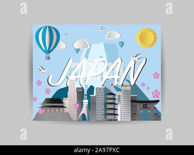 Japan country city skyline, craft vector illustration. Colorful  art, travel places theme cityscape, landscape, beautiful tourism background cards, po Stock Vector