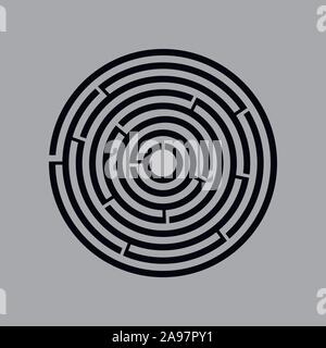 Circle maze vector labyrinth game. Round puzzle circular maze with solution. Complex labyrunth with trendy flat design, good for background, game, log Stock Vector
