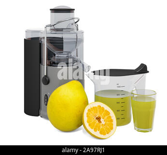 Pomelo juice with electric juicer, 3D rendering isolated on white background Stock Photo