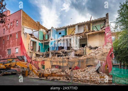 Demolition of the building. Destroyed old house. Stock Photo