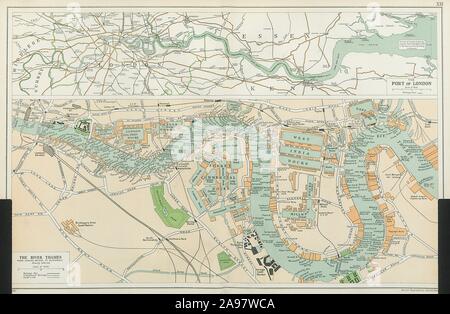 THE PORT OF LONDON showing wharves & docks. Thames. Vintage map. BACON ...