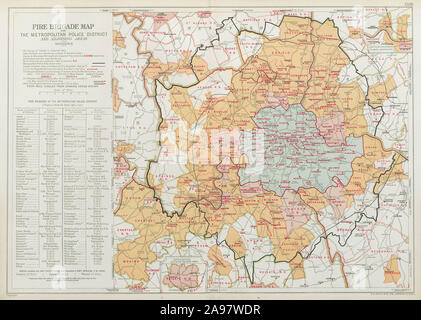 LONDON FIRE BRIGADE. Showing Fire Brigade Stations. Vintage map. BACON 1920 Stock Photo