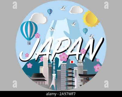 Japan country city skyline, craft vector illustration. Colorful  art, travel places theme cityscape, landscape, beautiful tourism background cards, po Stock Vector