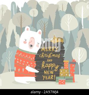 Cute cartoon bear celebrating Christmas in winter forest Stock Vector