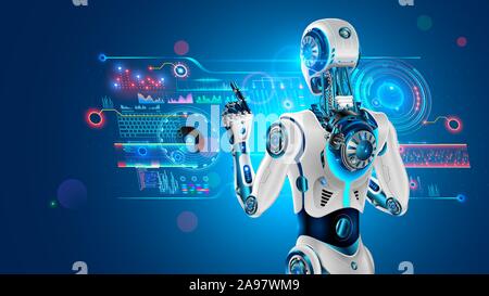 Robot with AI stands with back to viewer and works with industrial 3d virtual interface. Cyborg rear view taps finger on button holographic touch Stock Vector