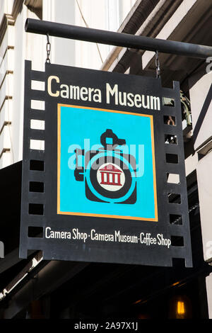 London, UK - February 26th 2019: The sign above the entrance to the Camera Museum in London, UK. Stock Photo