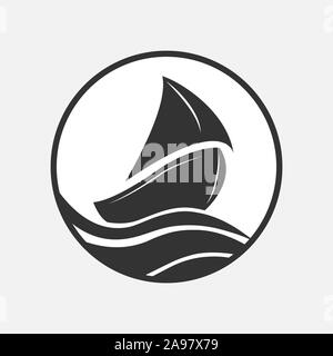 Boat with sail on the waves, flat design. Stock Vector
