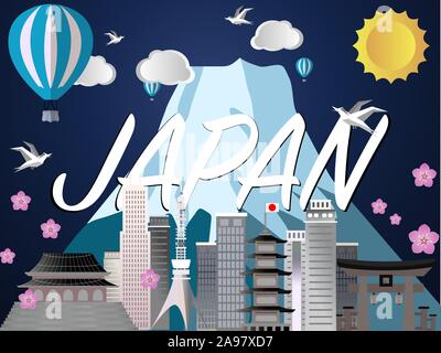 Japan country city skyline, craft vector illustration. Colorful  art, travel places theme cityscape, landscape, beautiful tourism background cards, po Stock Vector