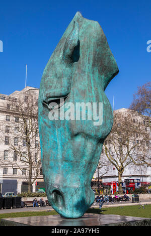 London, UK - February 26th 2019: A view of the sculpture of a Horse’s head, titled Still Water by Nic Fiddian-Green, located at Marble Arch in London, Stock Photo