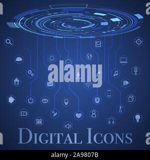 Digital futuristic technology icons vector illustration. Global ecosystem background. Abstract cyberspace network innovation design. iot, smarthome co Stock Vector