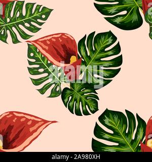 Seamless pattern with pink and purple calla lilies, illustration. Stock Vector