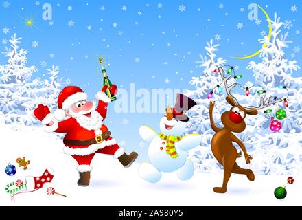 Santa, snowman and deer in the winter forest. Santa with a bottle. Santa, snowman and deer celebrate Christmas. Christmas Eve. Christmas decorations o Stock Vector